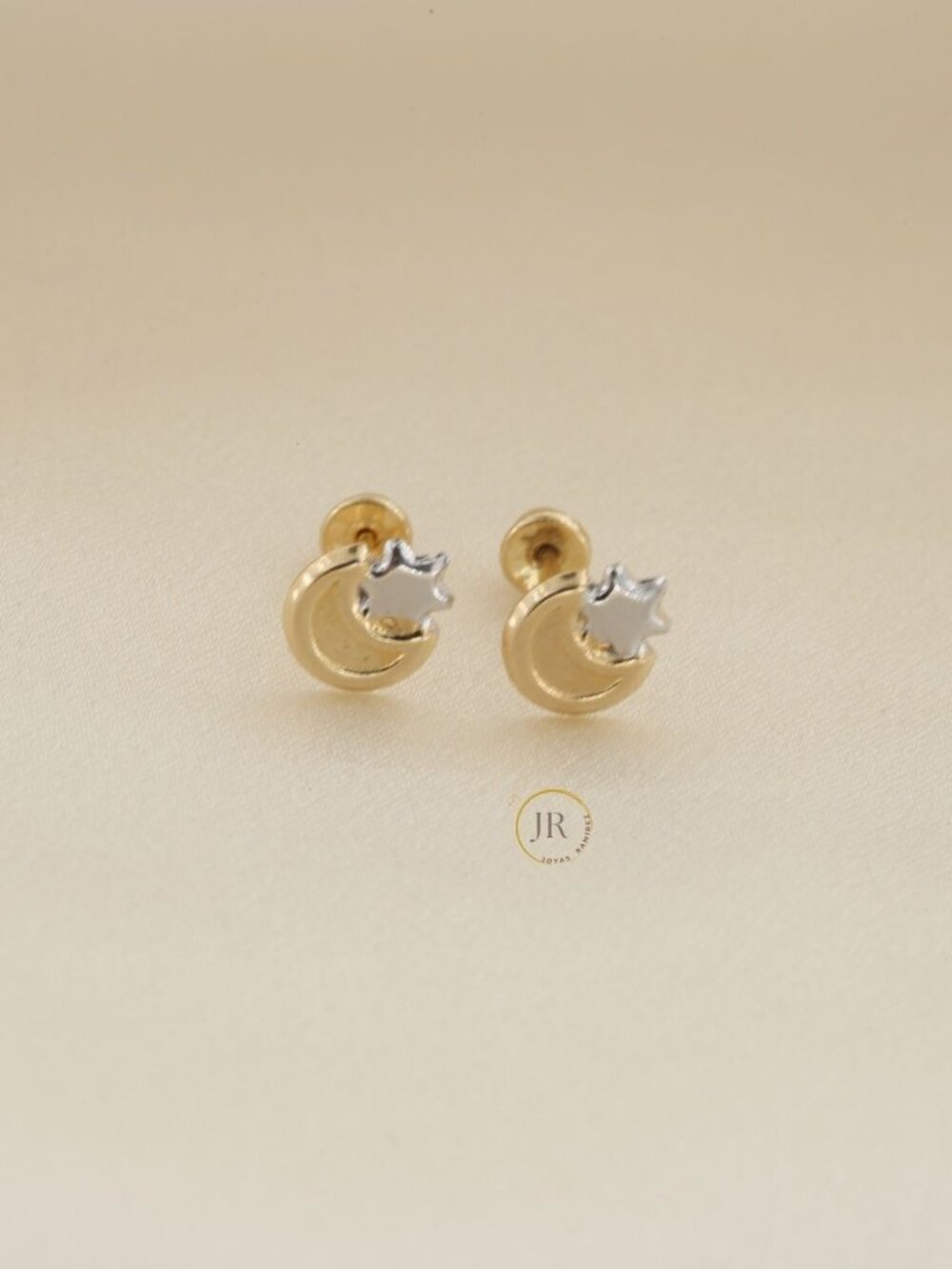 14K Gold Moon Star Stud Earrings Two-Tone Screw-Back Celestial Fine Jewelry